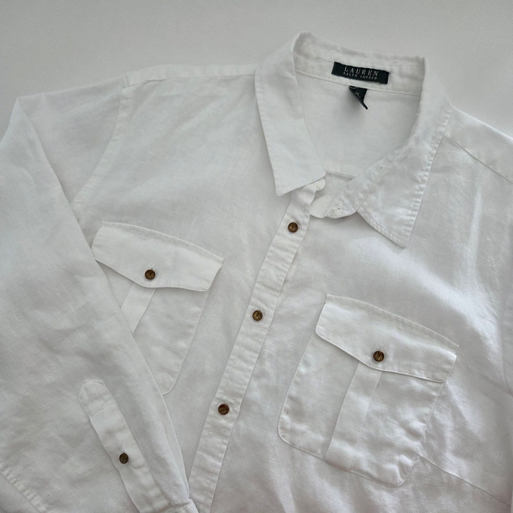 Lauren Ralph Lauren Linen Button Up White Roll Tab Utility Shirt Womens 2X